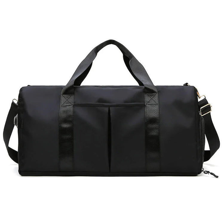 Waterproof Fitness Sports Travel Duffel Bag in sleek black design with sturdy handles and spacious compartments.